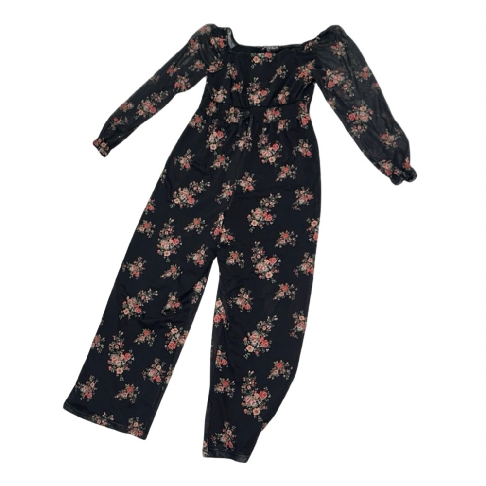 The Pink Hearts Girls Black Floral Long Sleeve Off-Shoulder Jumpsuit Size M - Picture 2 of 6